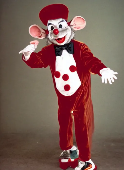 Image similar to Chuck E. Cheese mascot grainy 1990’s circus portrait of an anthropomorphic rat animatronic dressed like a clown, professional portrait HD, camera flash, mouse, Chuck E. Cheese head, authentic, mouse, costume weird creepy, off putting, nightmare fuel, Chuck E. Cheese