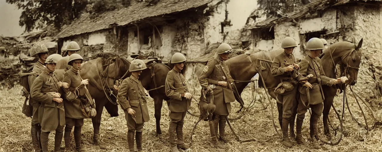 Image similar to soldiers feeding hungry horses spaghetti, world war 1, canon 5 0 mm, kodachrome, in the style of wes anderson, retro