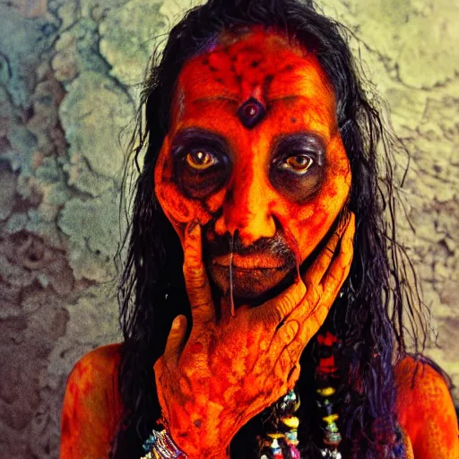 Image similar to realistic exposed expired fuji film portrait of aghori tantrik india woman, tentacled creature mix, marigold celestial vibe, hyperrealism, hypermaxiymalism, photorealistic, detailed, atmospheric, 8 k, award winning photography, cinematic