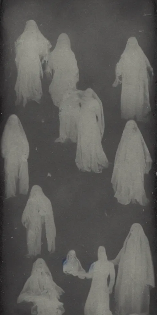 Image similar to spirit group photography with glowing bulbous ectoplasm, scary shadow people, sleep paralysis demon, 1 9 0 0 s, slimer, invoke fear and dread, old photograph, daguerreotype