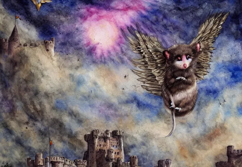 Image similar to Threatening winged possum flying over a medieval castle under a dark starred sky, dark fantasy, watercolor, dreaming illusion, highly detailed, 4k, trending on Artstation, award-winning