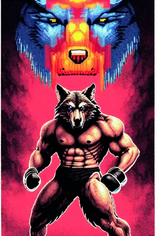 Image similar to extreme long shot. 8 bit nes graphics. antropomorphic muscular masculine wolf. kickboxer fighter, in shorts. wolf head. angry. fine details, very sharp, art from nes game cartridge, 8 0's, vhs artefacts, vaporwave style, marc simonetti and hermann nitsch and anish kapoor.