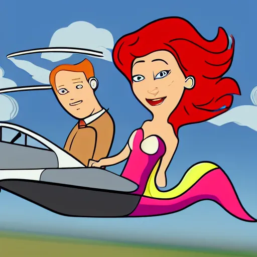 Prompt: pilot and red haired mermaid flying in a cessna airplane, style of Jetsons, cartoon,