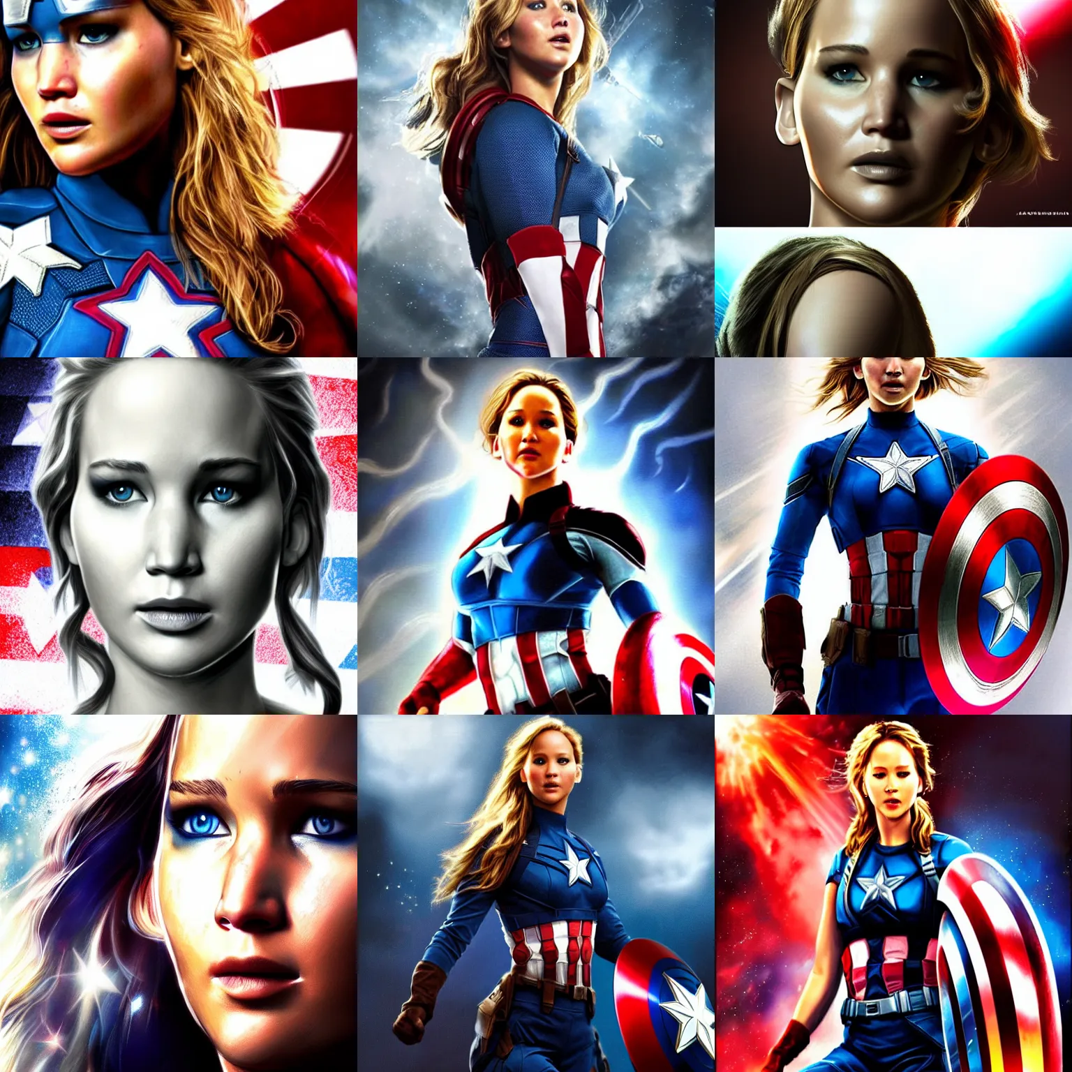 Prompt: photorealistic art of jennifer lawrence as captain america, dynamic lighting, space atmosphere, hyperrealism, stunning visuals