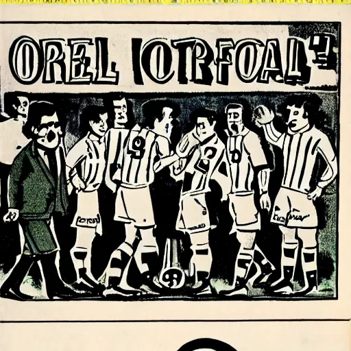 Image similar to group of men asking people to join a football match, comic vignette, 1 9 7 0 newspaper