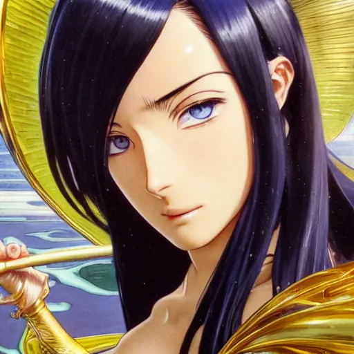 Image similar to highly detailed vfx portrait of nico robin by eiichiro oda!, makoto shinkai, alphonse mucha, sharp focus, art by artgerm and greg rutkowski!, backlit, harsh overhead sunlight, blue eyes!!, large aquiline nose!!, stanley kybric, kaoru mori, detailed, best of behance,