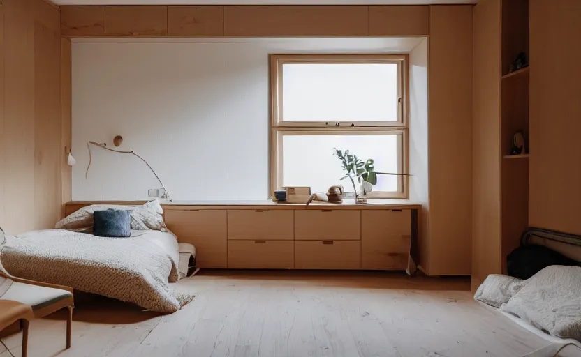Image similar to interior of a compact minimalist bedroom in an apartment building, bed, ocher wall, cupboards, japanese design, swedish design, natural materials, pine wood, earth colors, feng shui, white, beige, bright, windows with a view of a green park, modernist, 8 k