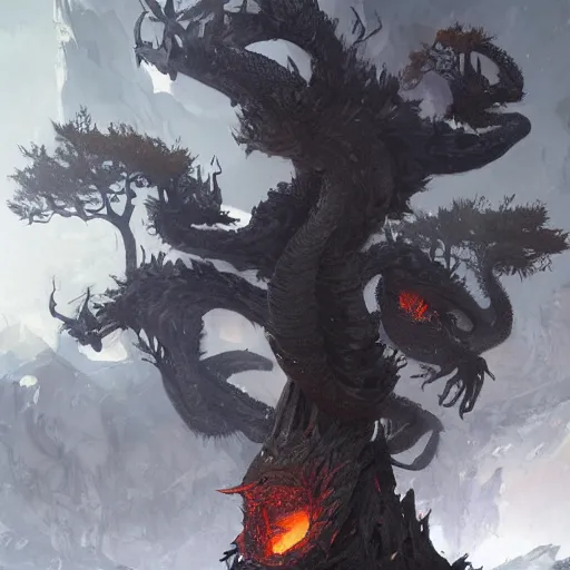 Prompt: black dragons dwell in the wilderness by sung choi, world tree, by greg rutkowski.