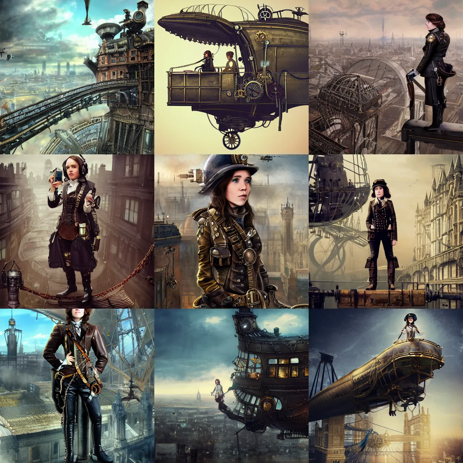 Prompt: Ellen Page as a steampunk airship pilot standing on the bridge of her airship, looking out over Victorian London, digital steampunk art, trending on ArtStation