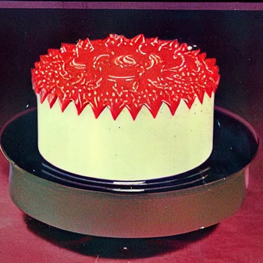 Image similar to 1970's cookbook color photograph of fancy cake sharp detail high detail