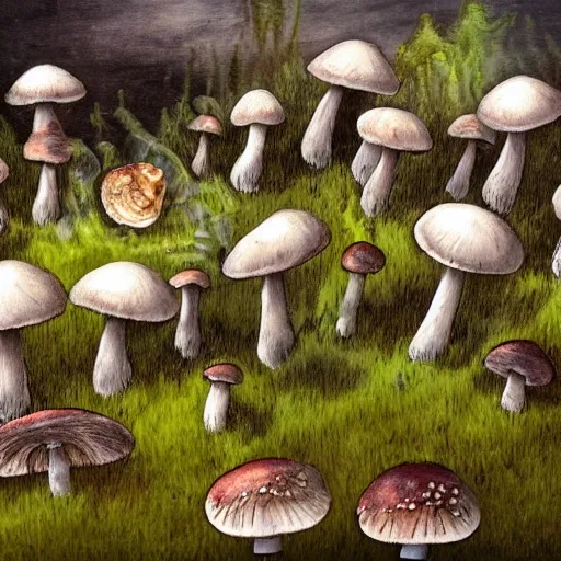 Image similar to mushrooms covering a decaying corpse, in a graveyard, green gas coming from the cracked ground, painting, in the style of bensinski