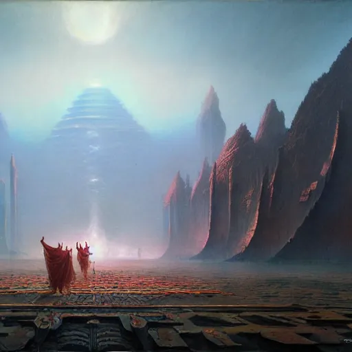 Prompt: A gigantic colossal epic dramatic scene from Ramayan , by Bruce Pennington, by Wayne Barlowe, by Greg Rutkowski, oil on canvas, masterpiece, detailed, dynamic, cinematic composition, beautiful lighting, view from ground, trending on artstation, top on pixiv, 8K, no frames,