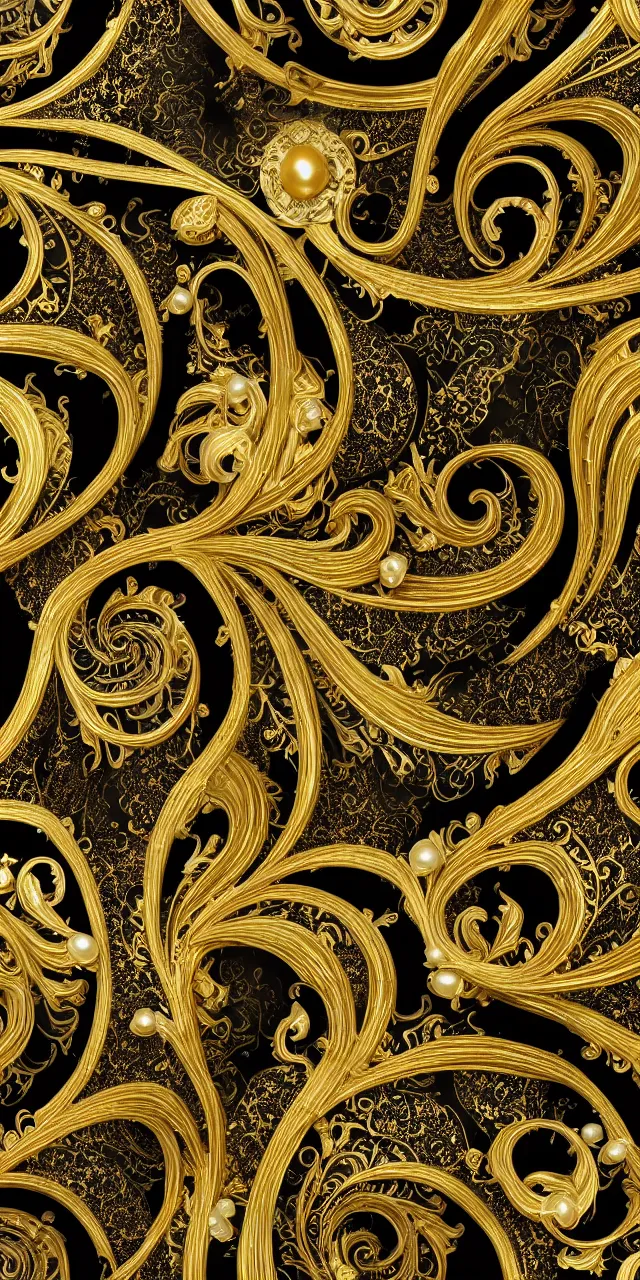 Prompt: subsurface scattering, seamless 3 d baroque gold and black pattern, beautiful dynamic shadows, gold silver iridescent pearls and swarovski crystals, symmetrical, rococo elements, damask pattern, swirls and spirals, dolce and gabanna, michelangelo, iris van herpen artstation, versace pattern, concept design art, octane render, 8 k