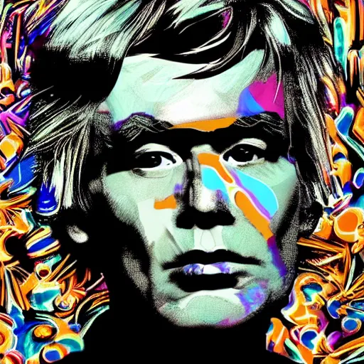 Image similar to An extremely psychedelic portrait of Andy Warhol, surreal, LSD, face, detailed, intricate, elegant, lithe, highly detailed, digital painting, artstation, concept art, smooth, sharp focus, illustration