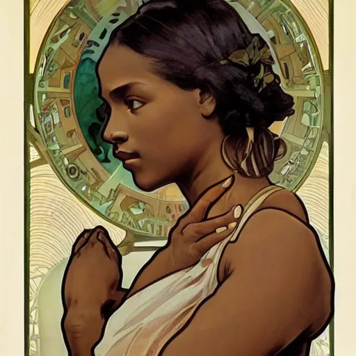 Image similar to upper body portrait, brown skinned woman, artgerm, alphonse mucha