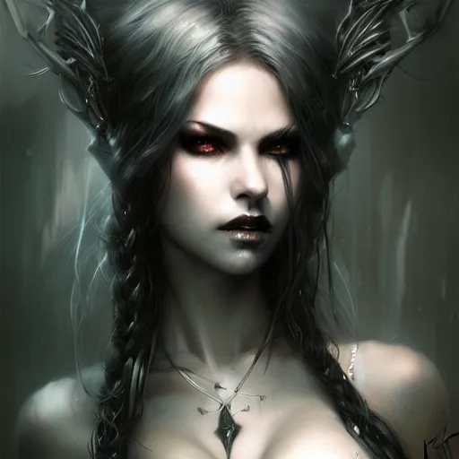 Image similar to femme fatal noir kerli koiv, character portrait, sharp, digital matte painting, art by luis royo, greg rutkowski, wlop, dramatic lighting, trending on artstation