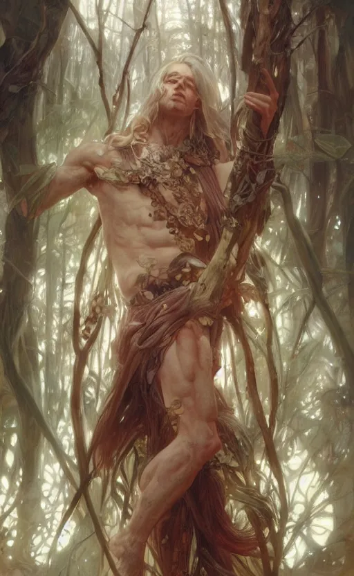 Image similar to God of the forest, pale hair, long hair, gorgeous, amazing, muscular, intricate, highly detailed, digital painting, artstation, concept art, sharp focus, illustration, art by greg rutkowski and alphonse mucha