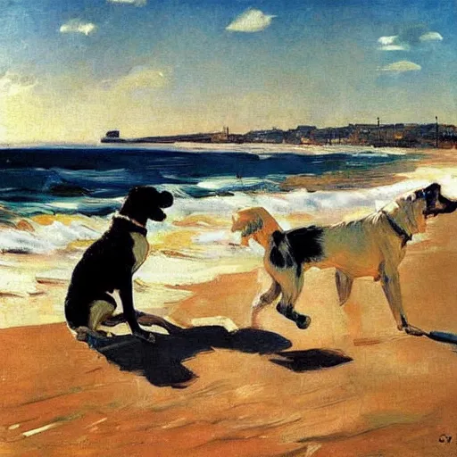 Image similar to dogs on the beach painted by sorolla