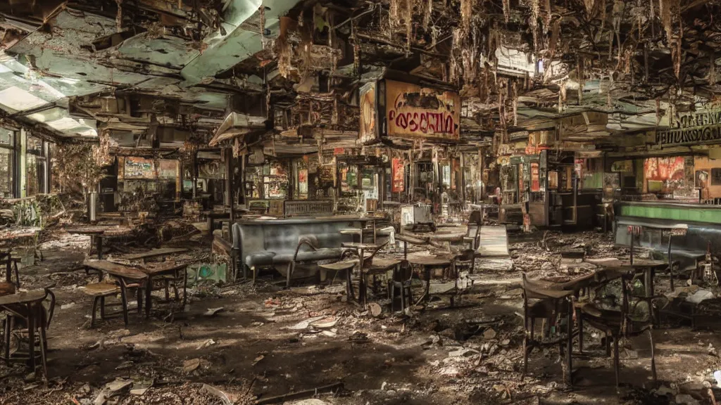 Prompt: forestpunk unfettered afterlife abandoned fastfood restaurant, postapocalypse, cinematic