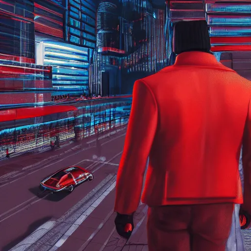 Image similar to isometric view, man with a red jacket walking toward a red futuristic racing motorbike, pencil drawing, panoramic view, wide angle, ultra realistic, intricate details, cyberpunk, ultra detailed, sharp focus, trending on artstation