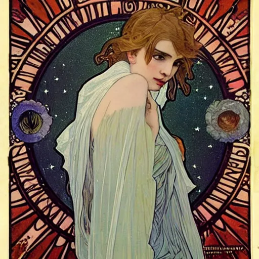 Prompt: emma roberts portrait by louis - theophile hingre and alphonse mucha, realistic, sharp focus, zodiac signs, tarot cards, planets, ethereal, art nouveau, magic, moon, sun, crown, dreamy, royal, jewellery
