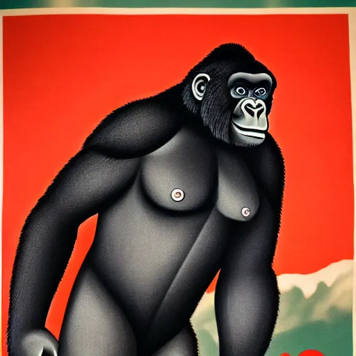 Prompt: communist propaganda poster of a gorilla, 4 k, hyper realistic, dslr, high resolution, landscape, beautiful