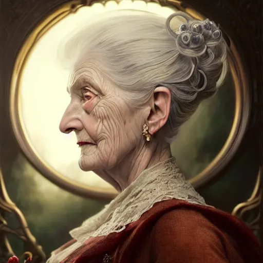 Image similar to portrait painting of an extremely fancy elderly woman with a devious expression, gaslamp fantasy, victorian, ultra realistic, concept art, intricate details, eerie, highly detailed, photorealistic, octane render, 8 k, unreal engine. art by artgerm and greg rutkowski and charlie bowater and magali villeneuve and alphonse mucha