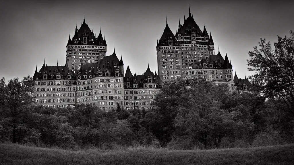 Prompt: Quebec Chateau Frontenac Castle in the style of Scary Stories to tell in the Dark