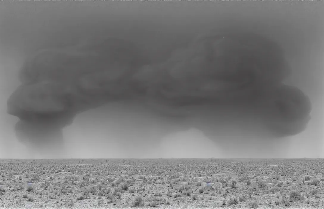 Prompt: cloud of dust rolling in horrific photograph of the dust bowl by ansel adams captured with phase one iq 3 1 0 0 mp digital back. post - processing photoshop excellence