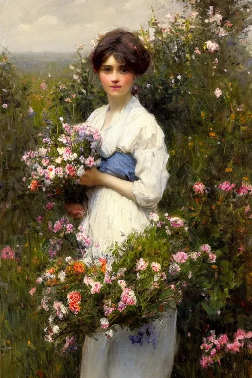 Prompt: Richard Schmid and Jeremy Lipking full length portrait painting of a young beautiful edwardian girl hold a large bouquet of flowers standing in a cottage garden