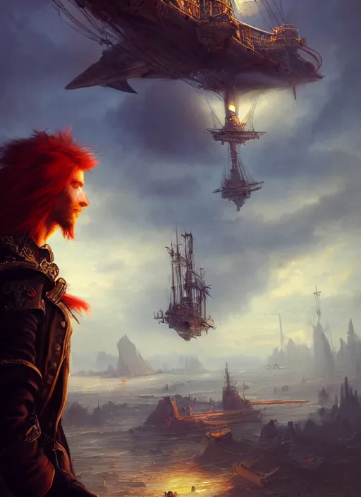 Image similar to portrait painting of a long haired, red headed male sky pirate in front of steampunk airship by raphael lacoste and stephan martiniere fantasy soft hair trending on artstation key art dramtic volumetric lighting, 4 k, award winning