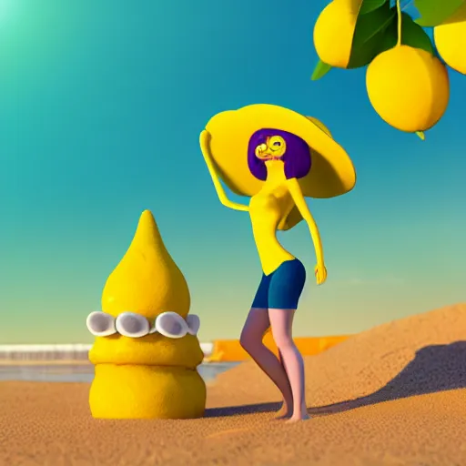 Image similar to 3 d octane render, of a hot anthropomorphic lemon female character inspired by cartoon adventure time, with lemon skin texture, she is wearing a hat, building a sandcastle on the beach at sunset, beach, huge waves, sun, clouds, long violet and green trees, rim light, cinematic photography, professional, sand, sandcastle, volumetric lightening