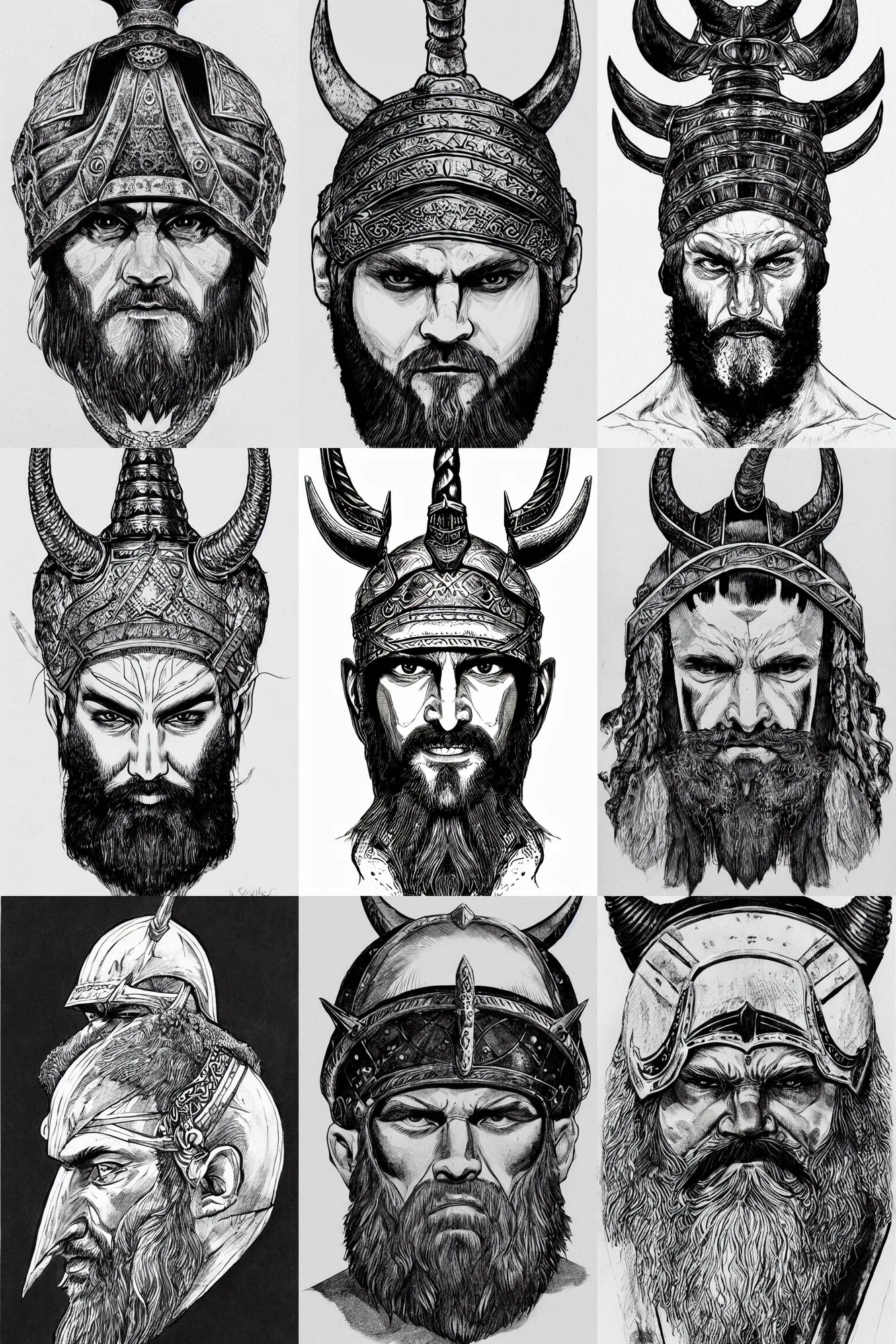 Prompt: detailed ink drawing a head of a beared viking wearing horned helmet, white background, front face symmetrical, trending on artstation by hiroaki samura