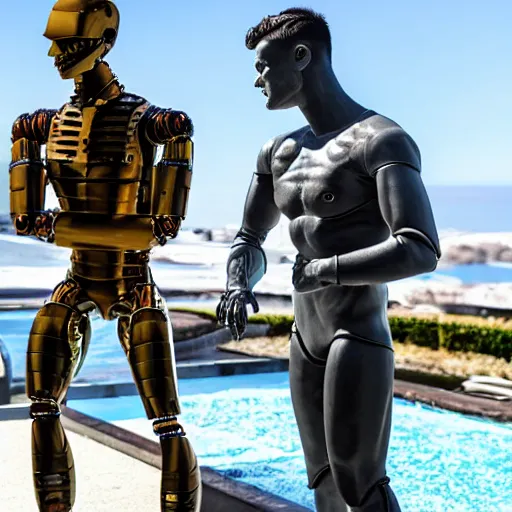 Image similar to a realistic detailed photo of a guy who is an attractive humanoid who is half robot and half humanoid, who is a male android, wrestler finn balor, shiny skin, posing like a statue, blank stare, by the pool, on display, showing off his muscles, humanoid robot, frozen ice statue