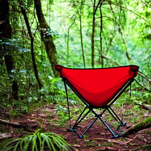 Image similar to a red camping chair in the middle of a dense jungle. the chair is far away from the camera.