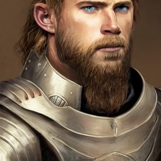 Prompt: a portrait of a medieval knight with a short beard and short blonde hair drawn in the style of tony sart, face of chris hemsworth, trending on artstation, realistic, detailed