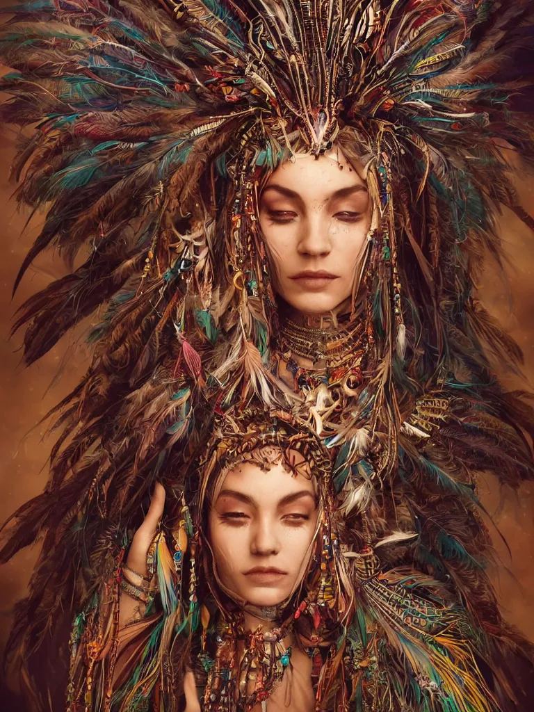 Prompt: a photo of a mystical tribal shaman adorned with feathers and gemstones and cables and synthesizer parts is surrounded by sacred geometry made from elven architecture, full body, gorgeous, perfect face, powerful, cinematic, beautifully lit, by artgerm, by karol bak, 3 d, trending on artstation, octane render, 8 k