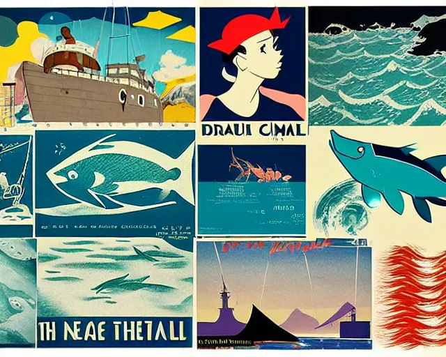 Image similar to footage of a theater stage, 1956 poster, cut out collage, La Nouvelle Vague, break of dawn on Neptun, epic theater, arctic fish, nautical maps, NY style grafitti, in style of ghibli, composition by Addy Campbell, written by Roald Dahl, lens flare