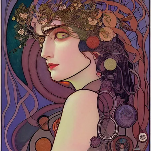 Image similar to The Goddess of Art, beautiful eyes, symmetrical face, paint, ink, palettes, spectrum, in the style of Joshua Middleton, Mucha, Kandinsky