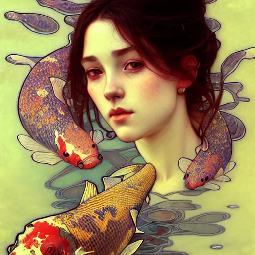 Prompt: Portrait of a girl surrounded by Koi fish, face, fantasy, intricate, elegant, highly detailed, digital painting, artstation, concept art, smooth, sharp focus, illustration, art by Heady Tale and Artem Demura and alphonse mucha