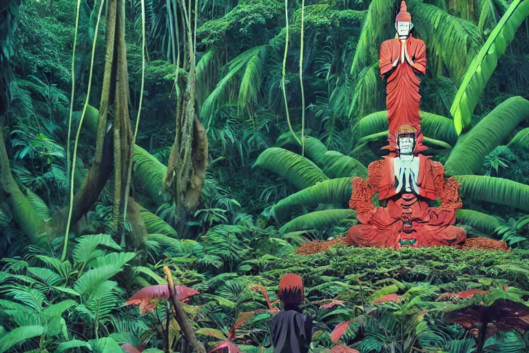 Prompt: one gigantic massive evangelion praying buddha position in tropical rainforest, ray lighs showing from deep forest darkness, a lot of exotic vegetation, trees, flowers, dull colors. by moebius, ikuto yamashita, craig mullin, greg rutkowski, ghibli, and rodney matthew, hyperrealism, intricate detailed, risograph