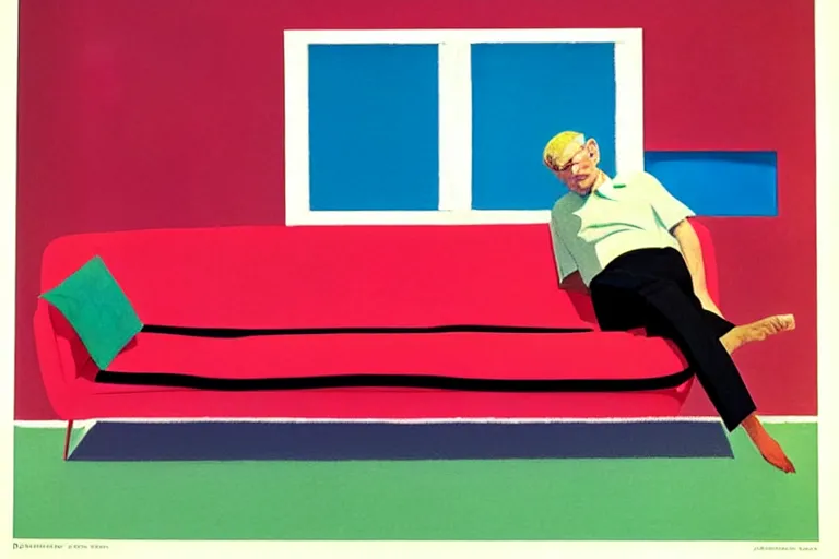 Prompt: Couch Surfing by David Hockney, Andy Shaw, Edward Hopper, 1965, exhibition catalog