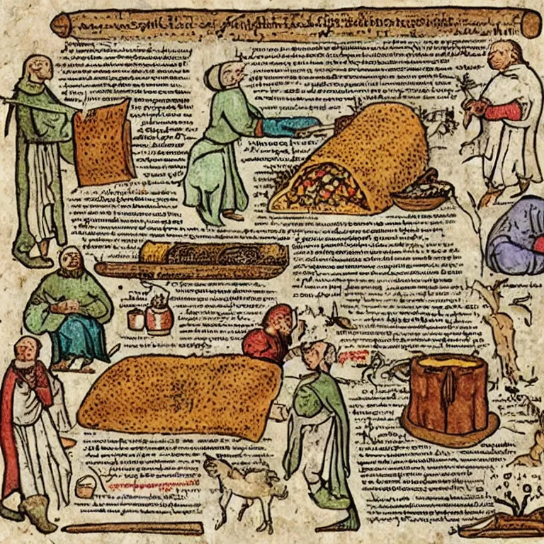 Prompt: middle age illustrated recipe for burrito ( ( ( ( burrito ) ) ) ) lot of medieval enluminures in the background explaining the recipe, schematic in a notebook