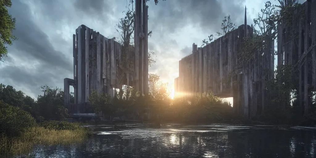 Prompt: an extremely detailed cathedral of brutalist architecture, surrounded by lush green forest and murky ponds of water, stunning volumetric lighting, sunset, rusted steel, smooth concrete, stunning skies, trending on Artstation, 8k, photorealistic, hyper detailed, unreal engine 5, IMAX quality, cinematic, epic lighting, in the style of the game DOOM, by Greg Rutkowski