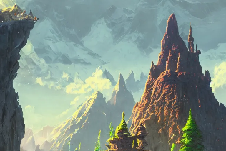 Image similar to the ancient mountain castle zelda breath of the wild, in the style of stephan martiniere and vicente segrelles, trending on artstation, back lighting tilt - shift cottagecore, abstract illusionism, movie poster, creature concept art, precisionism