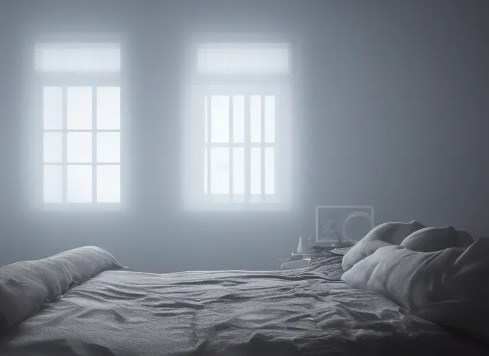 Image similar to photography of a Jack Russel watching outside the window on a bed in a 3d rendered white room, octane render, 3d, foggy, volumetric light, volumetric fog, photorealistic, unreal engine 5