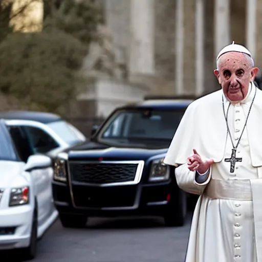 Image similar to The pope wearing a gangster chain and throwing gang signs in front of a white escalade, 4k, digital photograph