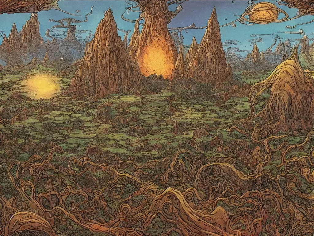 Prompt: fantasy landscape made by moebius with a 8 eyed humanoid god dealing cards over a medieval field