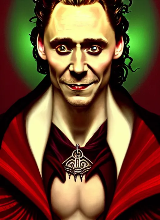 Image similar to portrait of tom hiddleston as a vampire lord, crimson peek, jewelry, greek, emerald, intricate, headshot, highly detailed, digital painting, artstation, concept art, sharp focus, cinematic lighting, illustration, art by artgerm and greg rutkowski, alphonse mucha, cgsociety