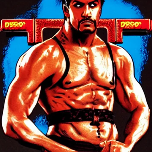 Image similar to portrait of rambo in double dragon video game splash screen